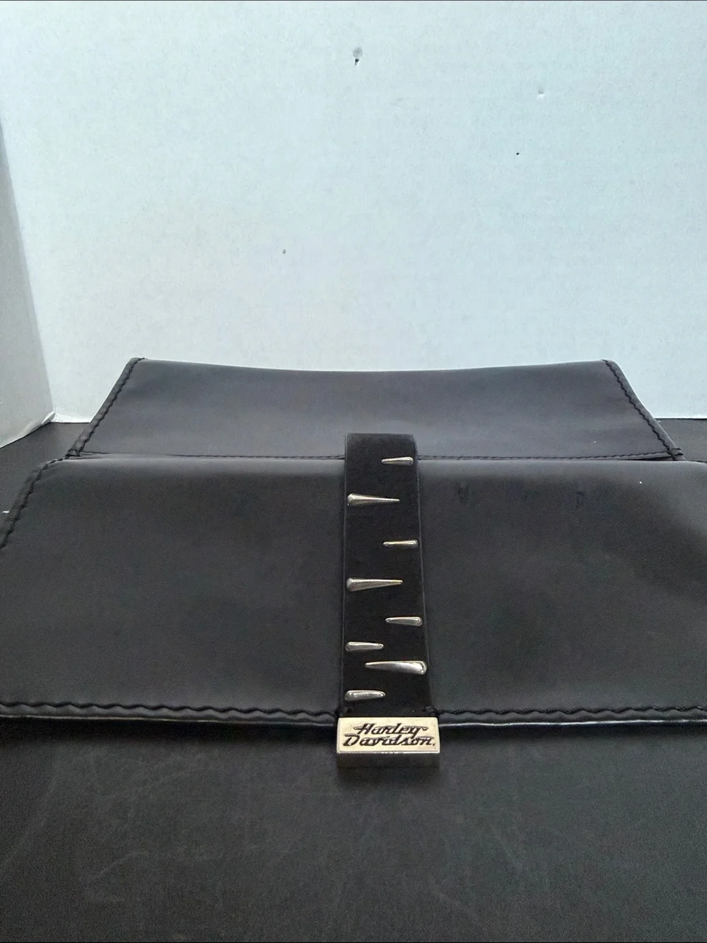 Vintage Black Leather Clutch with Stud-Accent